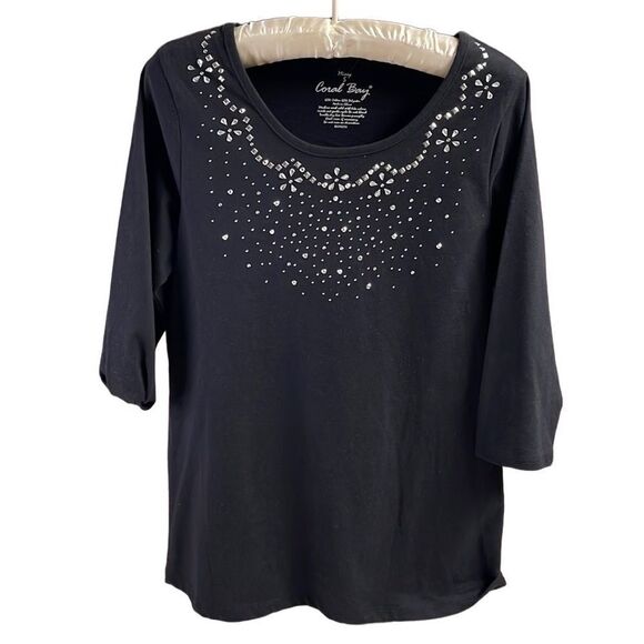 CORAL BAY Ladies Vneck Rhinestone Embellishment Blouse Top, Missy Small, Black - Picture 1 of 6